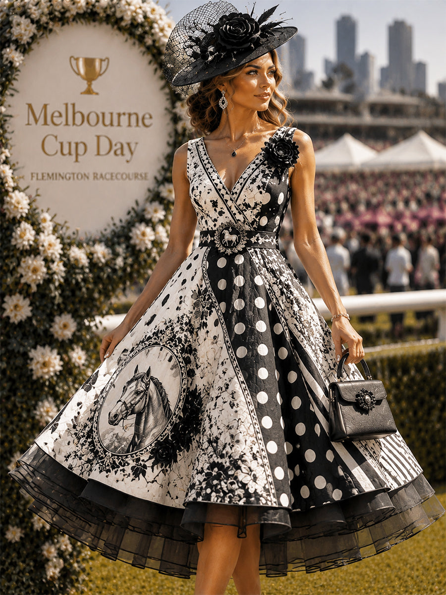 Women's Vintage Melbourne Cup Australian Horse Racing V-neck Sleeveless Dress