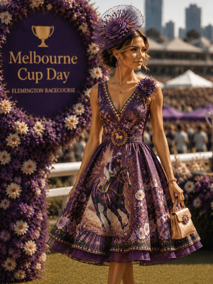 Women's Vintage Melbourne Cup Australian Horse Racing V-neck Sleeveless Dress