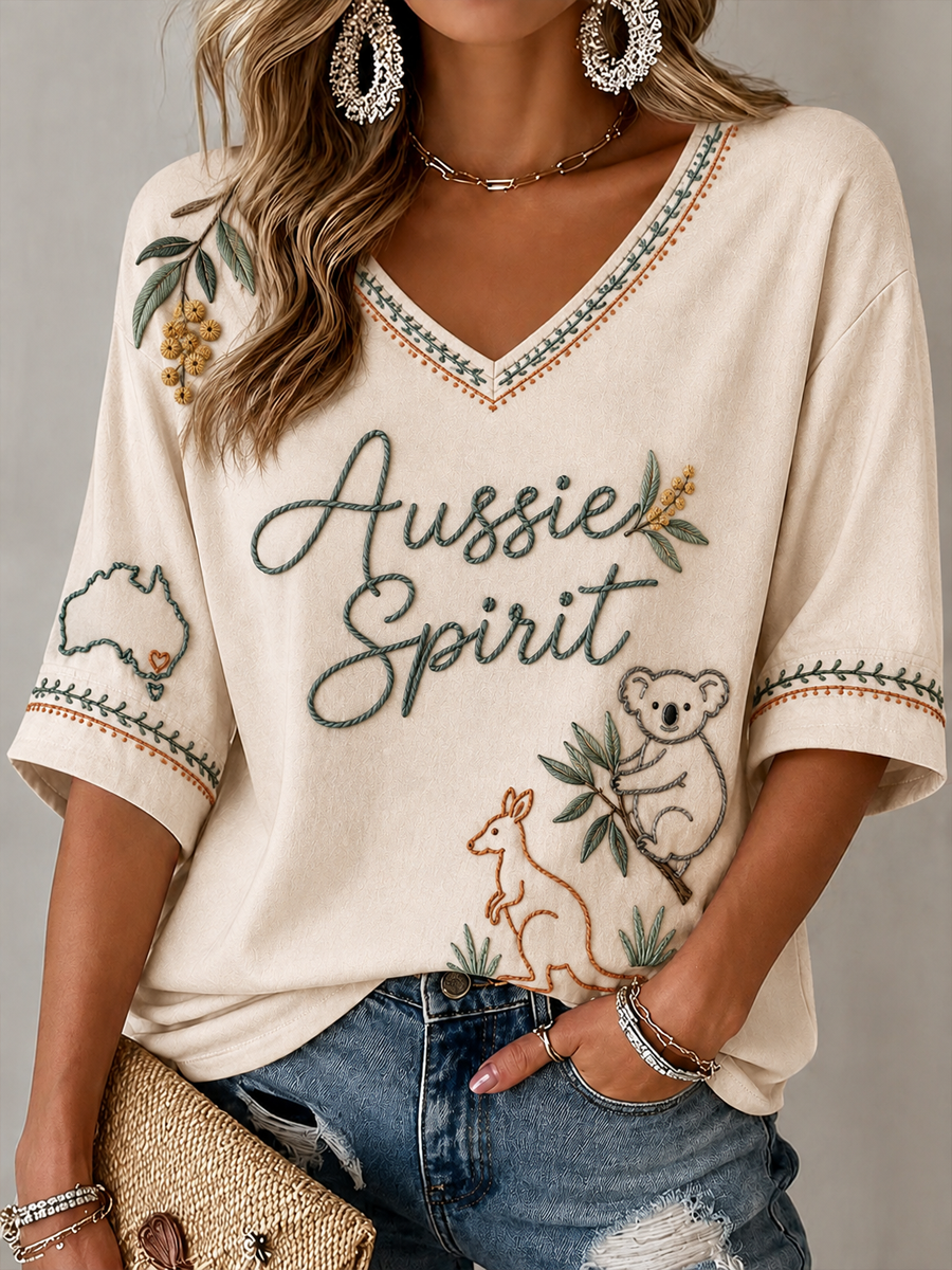 Women's Australia Animal Art Printed Mid-length Sleeves V-Neck T-Shirt