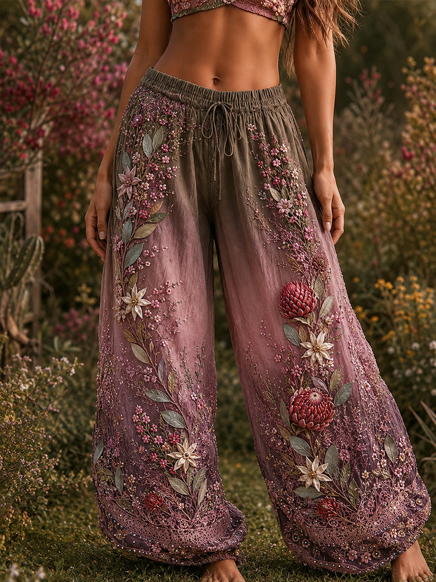 Women's Australian Wildflower Season Floral Printed Comfortable High Stretch Flared Pants