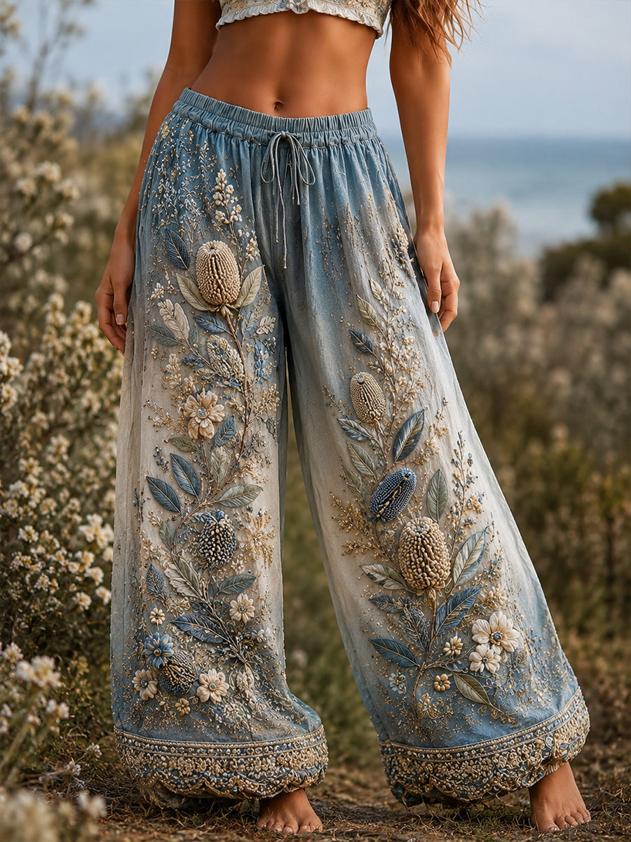 Women's Australian Wildflower Season Printed Comfortable High Stretch Flared Pants