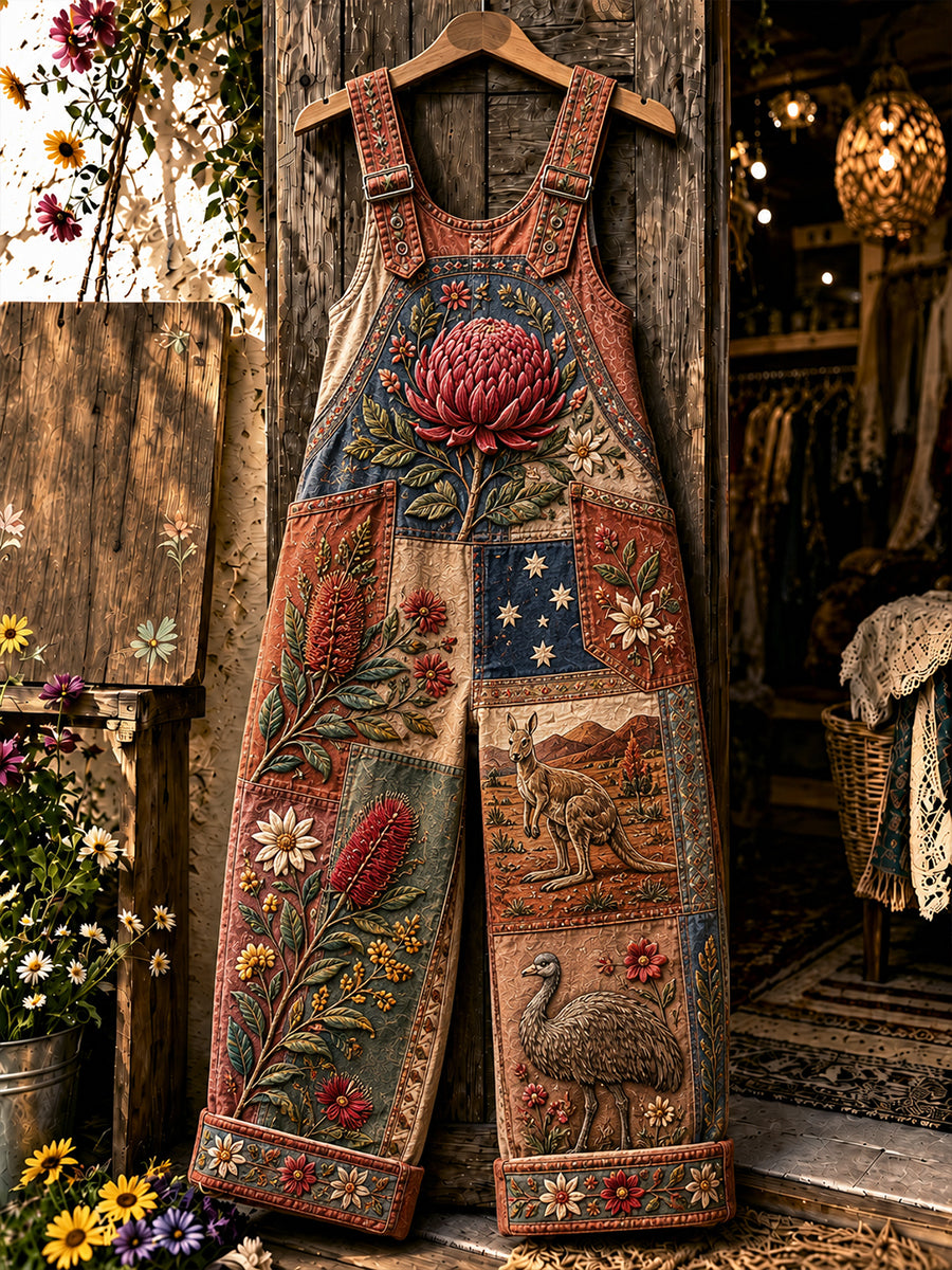 Women's Australian Wildflower SeasonPrint Casual Overalls Wide Leg Pants