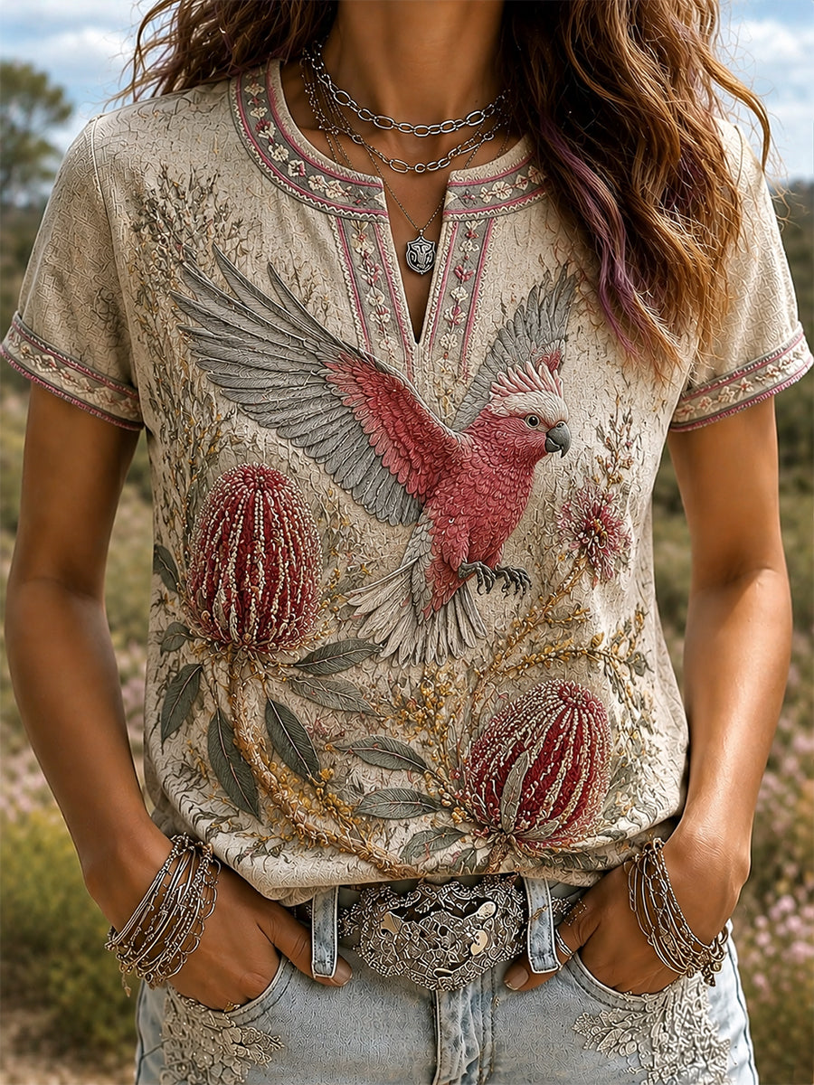 Women's Australian Wildflower Season Print Cotton-Linen T-Shirt