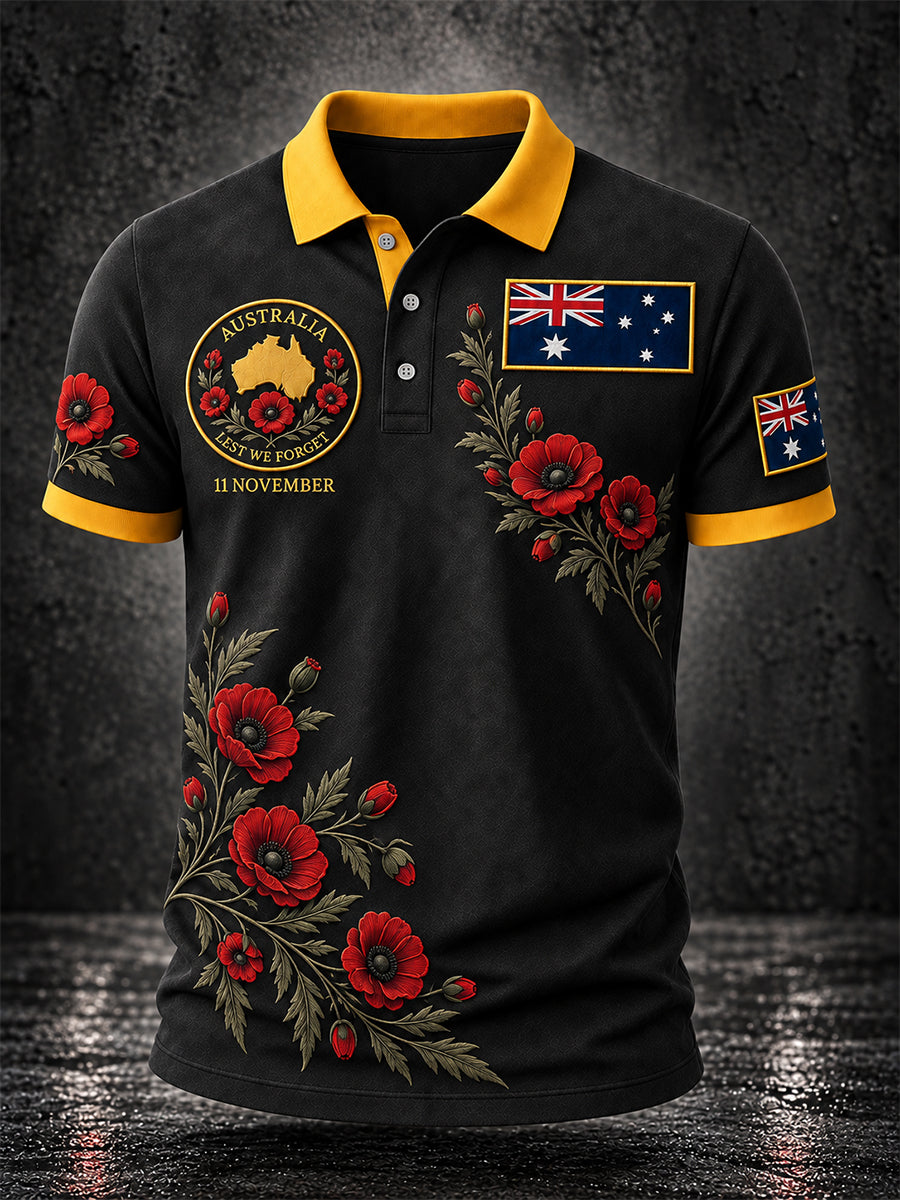 Men's Vintage-Style Australian Remembrance Day Commemorative Graphic Casual Polo Shirt