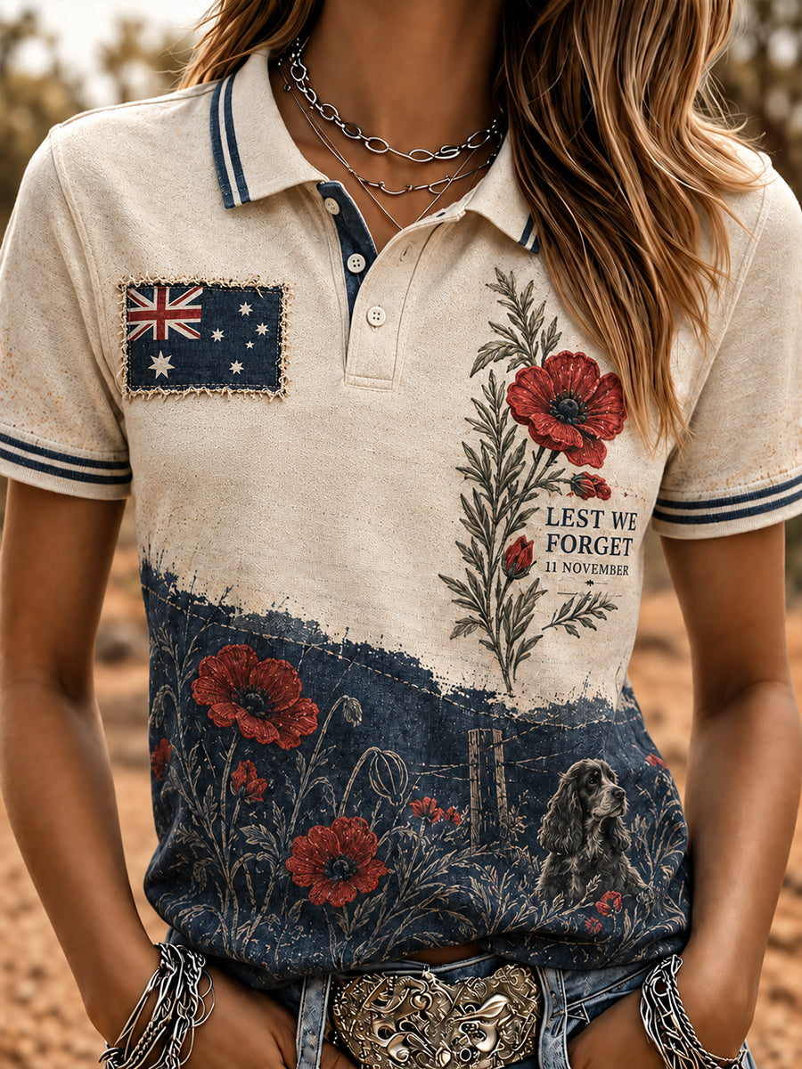 Women's Vintage-Style Australian Remembrance Day Commemorative Art Print Casual Polo Shirt