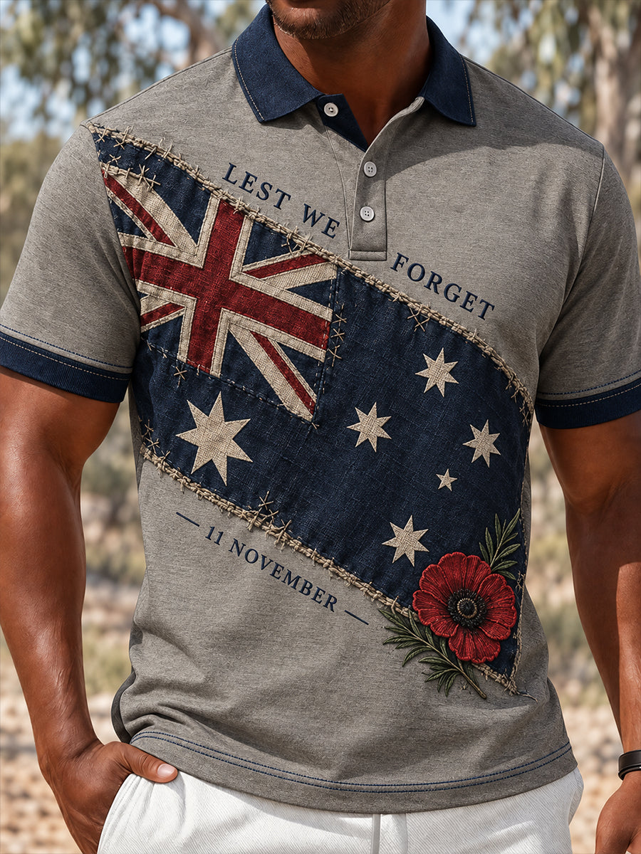 Men's VintageStyle Casual Polo Shirt with Australian Remembrance Day Commemorative Art Print