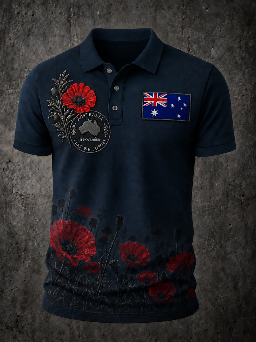 Men's VintageStyle Casual Polo Shirt with Australian Remembrance Day Commemorative Art Print