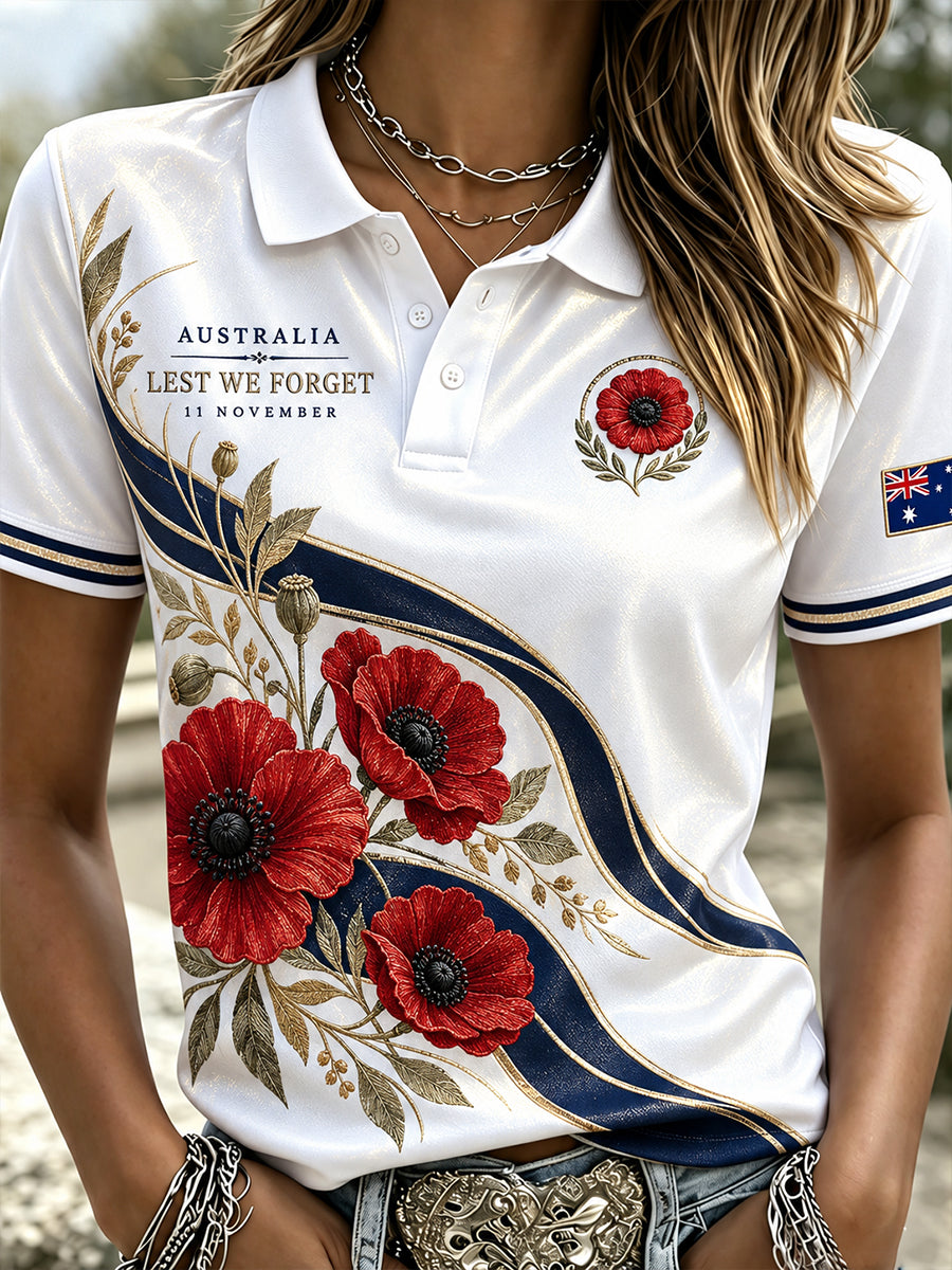 Women's VintageStyle Casual Polo Shirt with Australian Remembrance Day Commemorative Art Print