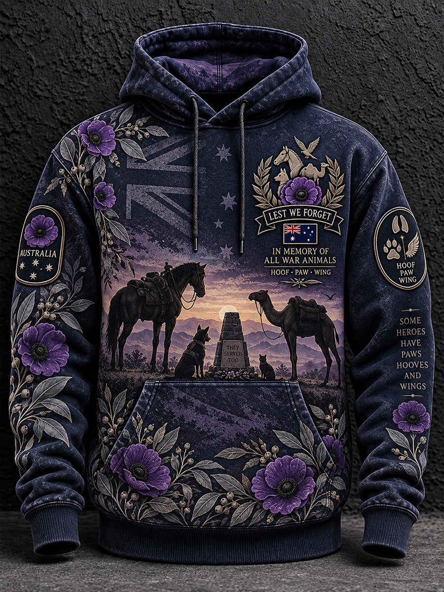 Men's Australian War Animal Memorial For Remembrance Day Oversized Drop-Shoulder Hoodie with Pockets