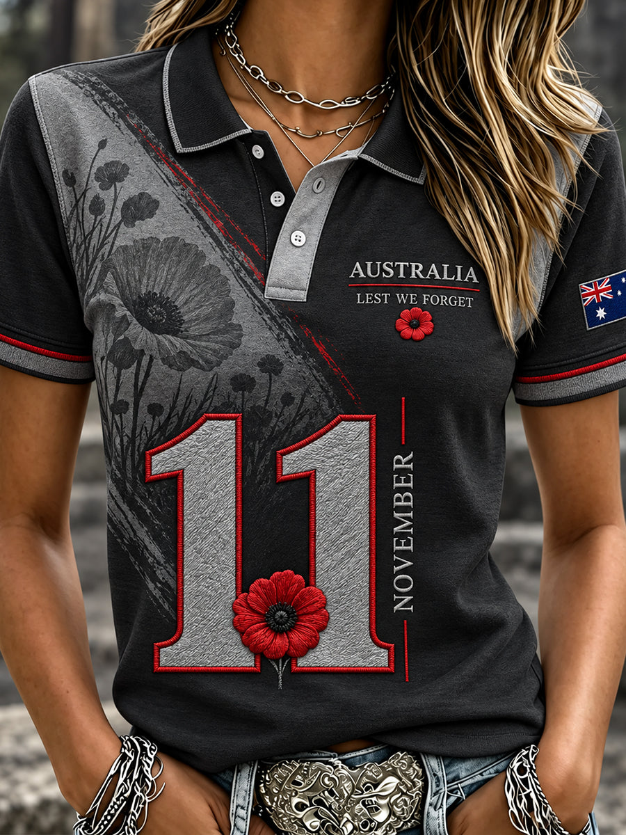 Women's VintageStyle Casual Polo Shirt with Australian Remembrance Day Commemorative Art Print
