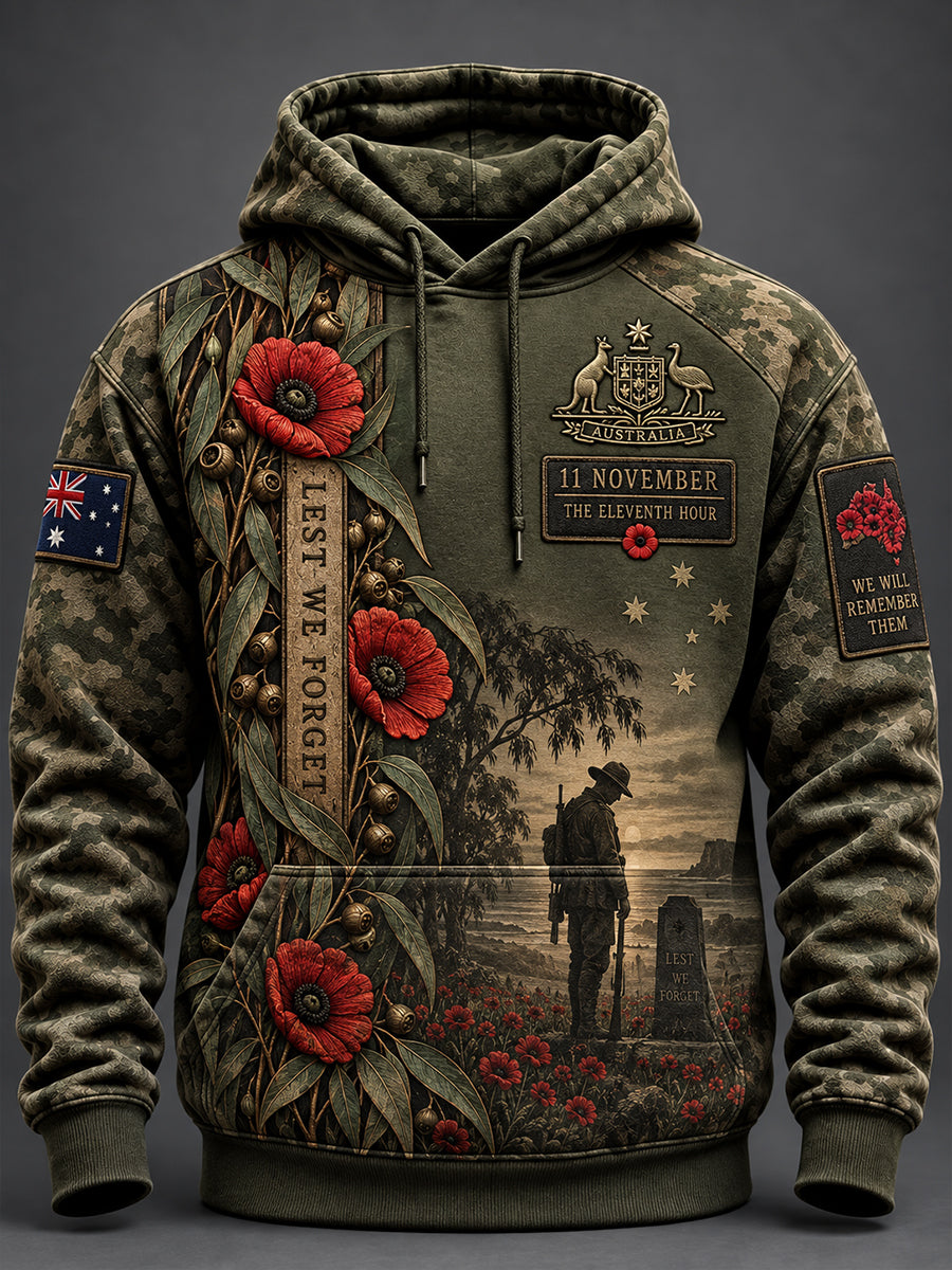 Men's Australian Veterans Remembrance Day Oversized Drop-Shoulder Hoodie with Pockets