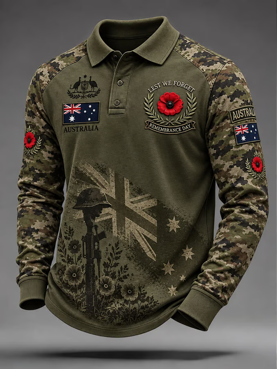 Men's Australian Veterans Print long sleeve polo