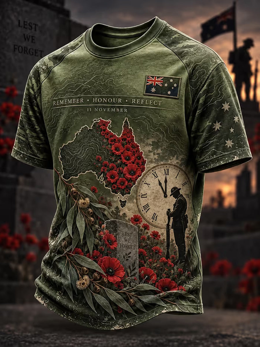 Men's Lest We Forget Australian Remembrance Day Print Short Sleeve T-shirt