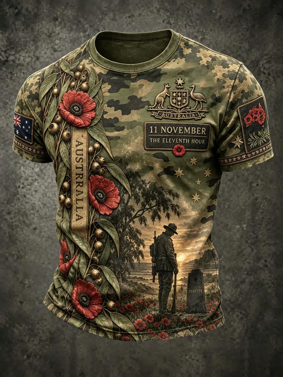 Men's Lest We Forget Australian Remembrance Day Print Short Sleeve T-shirt