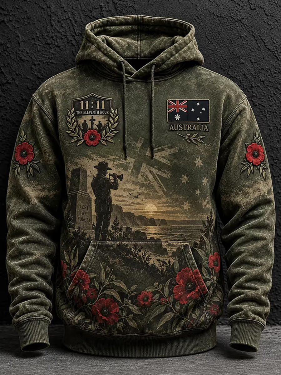 Men's Lest We Forget Australian Remembrance Day Print Hoodie with Pockets