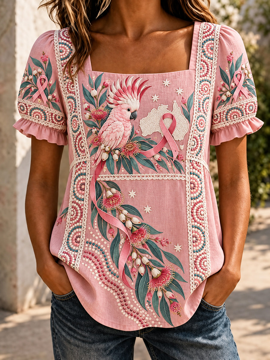 Women's Australian Breast Cancer Awareness Floral Print Short-Sleeved T-Shirt