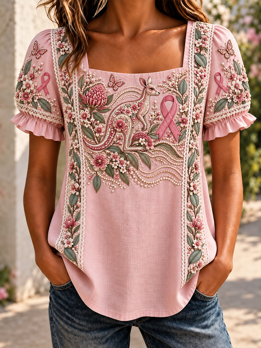 Women's Australian Breast Cancer Awareness Floral Print Short-Sleeved T-Shirt
