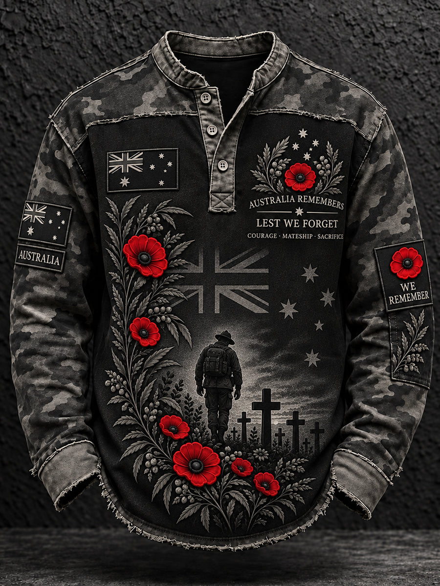 Men's Remembrance Day in Australia Printed Casual Button T-Shirt