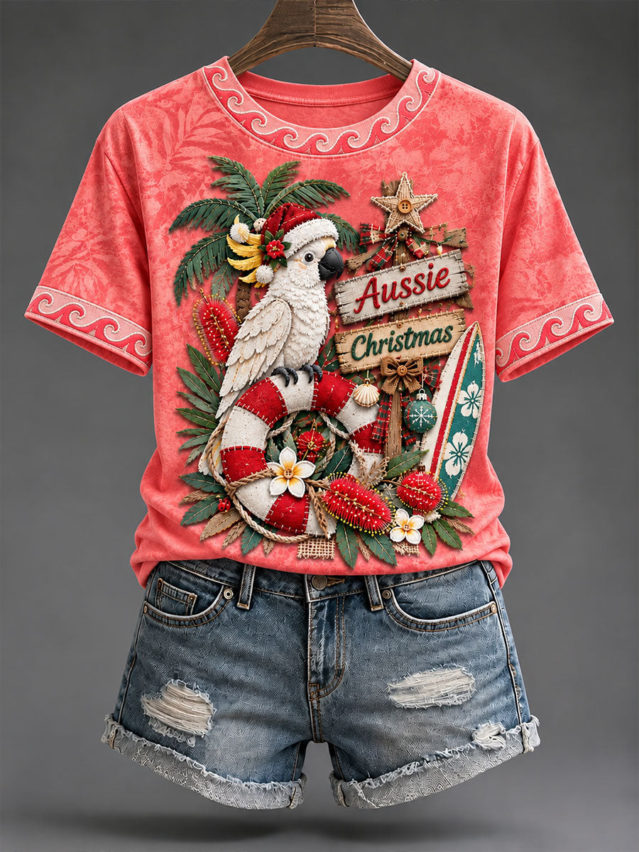 Women's Parrot Australia Christmas Print Casual T-Shirt