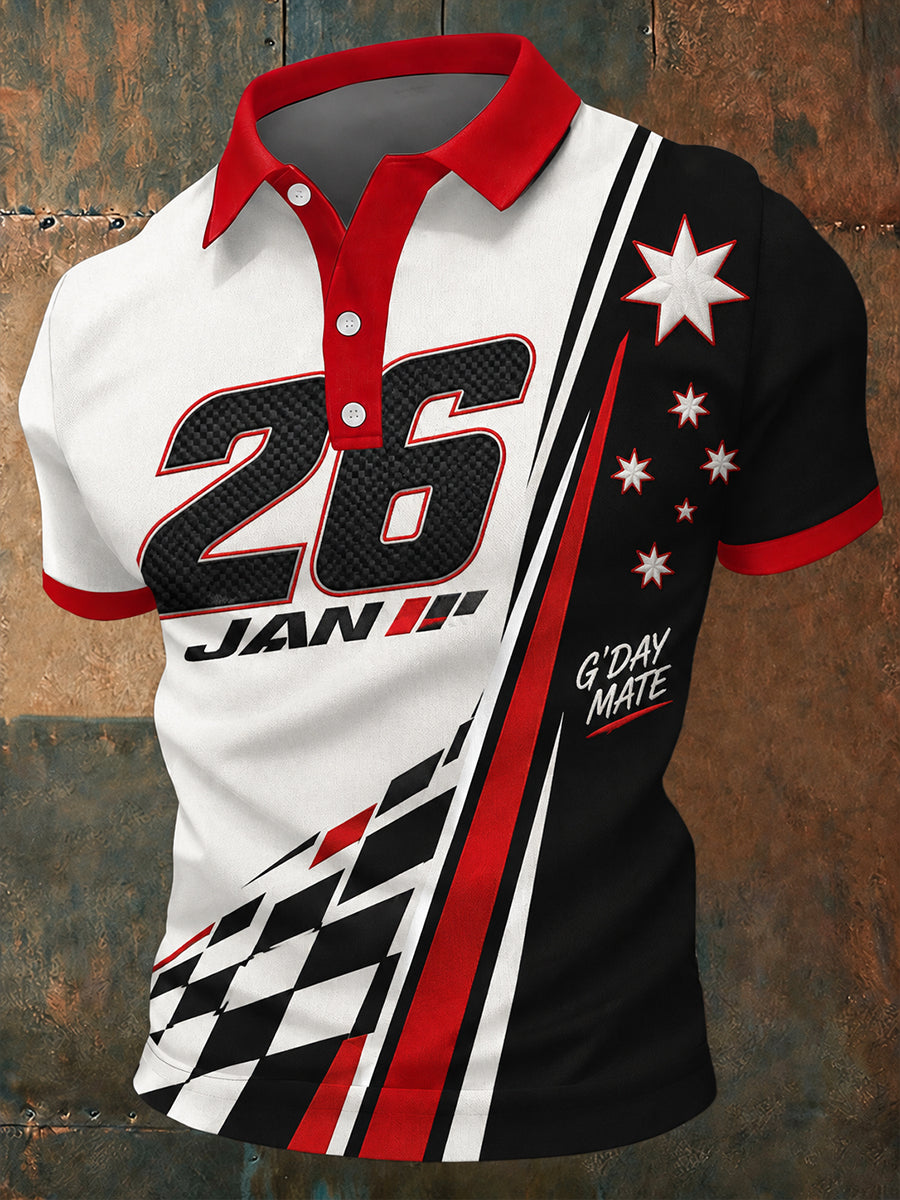 Men’s Vintage Australian Art-Print Casual Polo Shirt