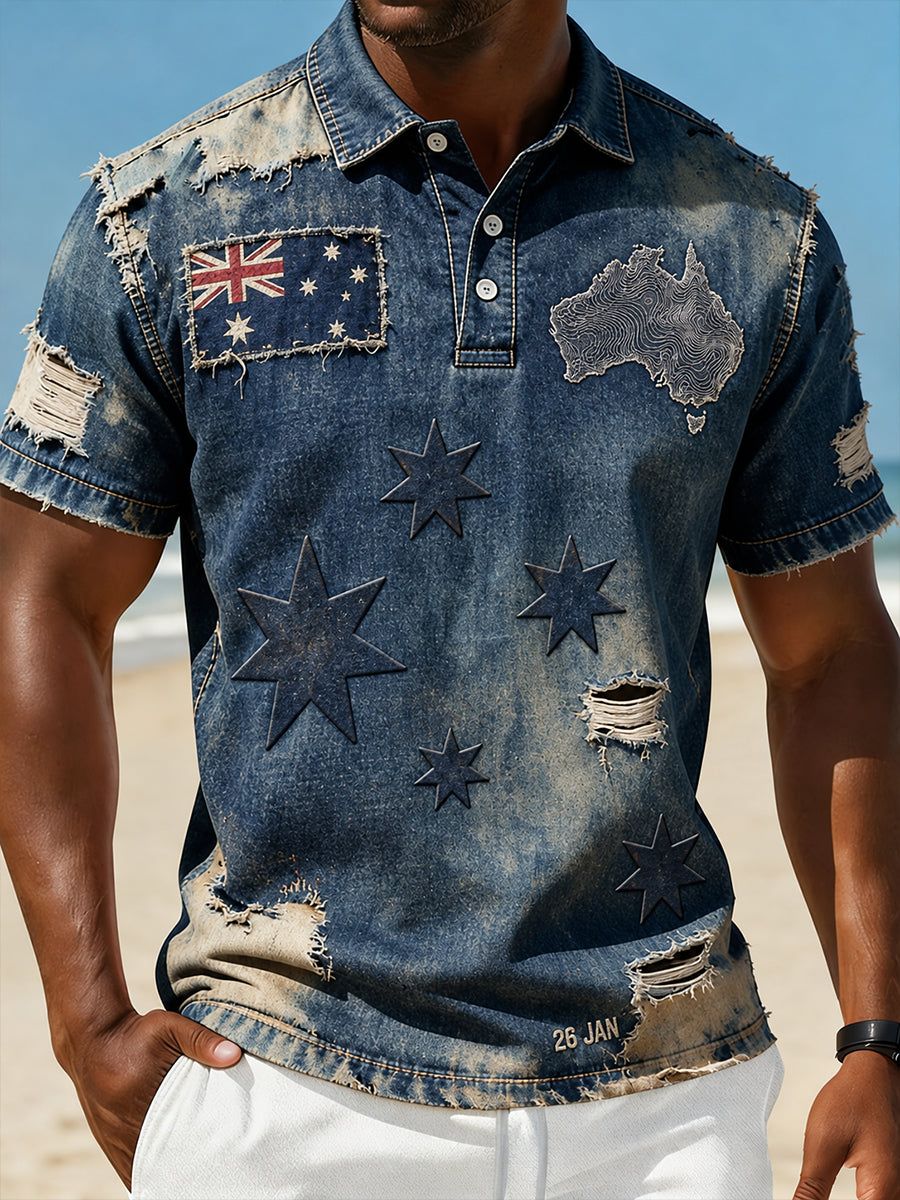 Men’s Vintage Australian Art-Print Casual Polo Shirt