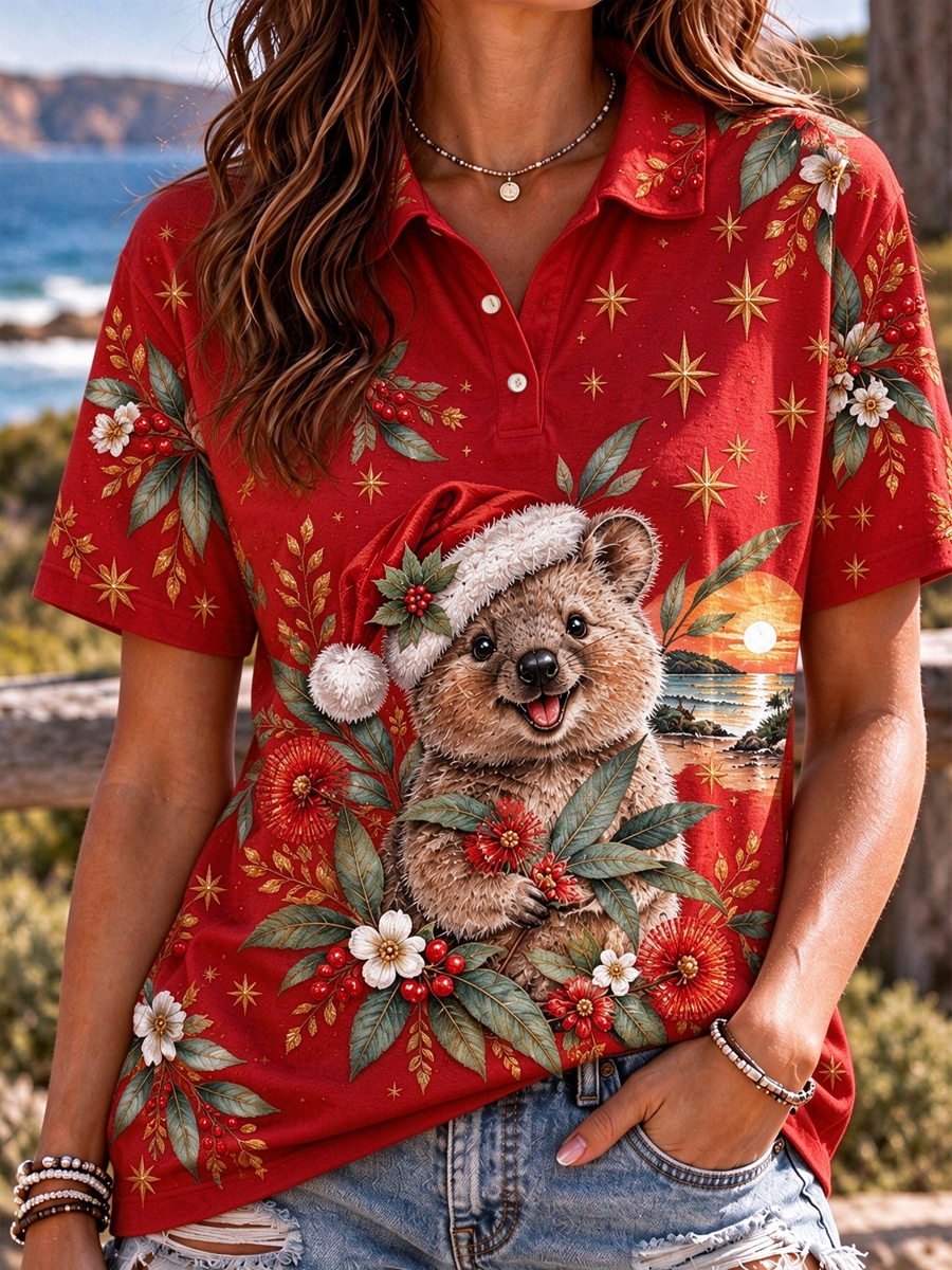 Women's Australian Christmas printed polo T-shirt