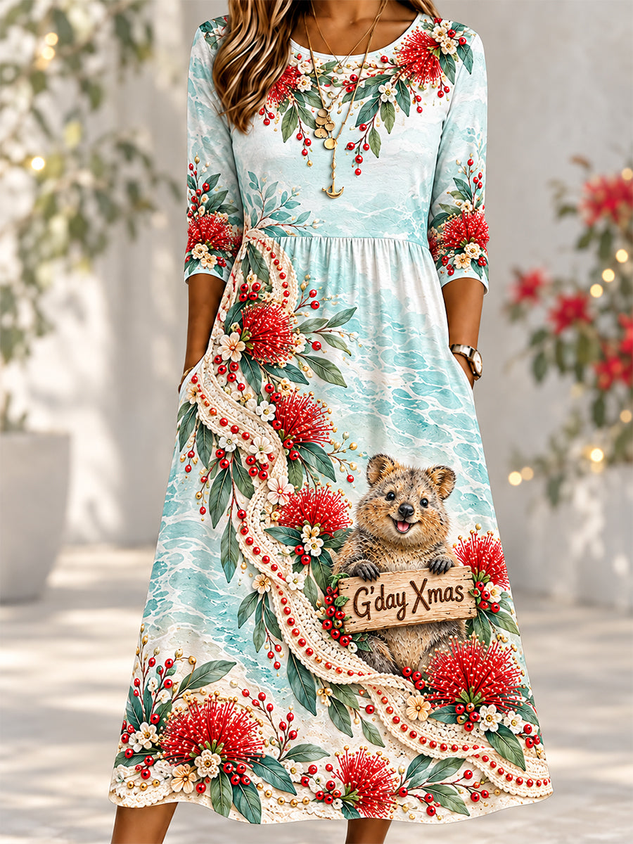 Women's Retro Australian Christmas Cotton-Linen Dress