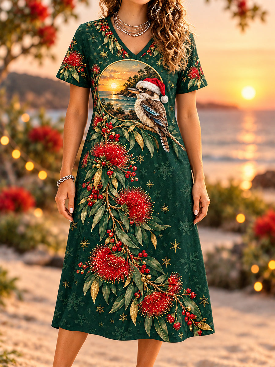 Women's Retro Australian Christmas V-Neck Midi Dress