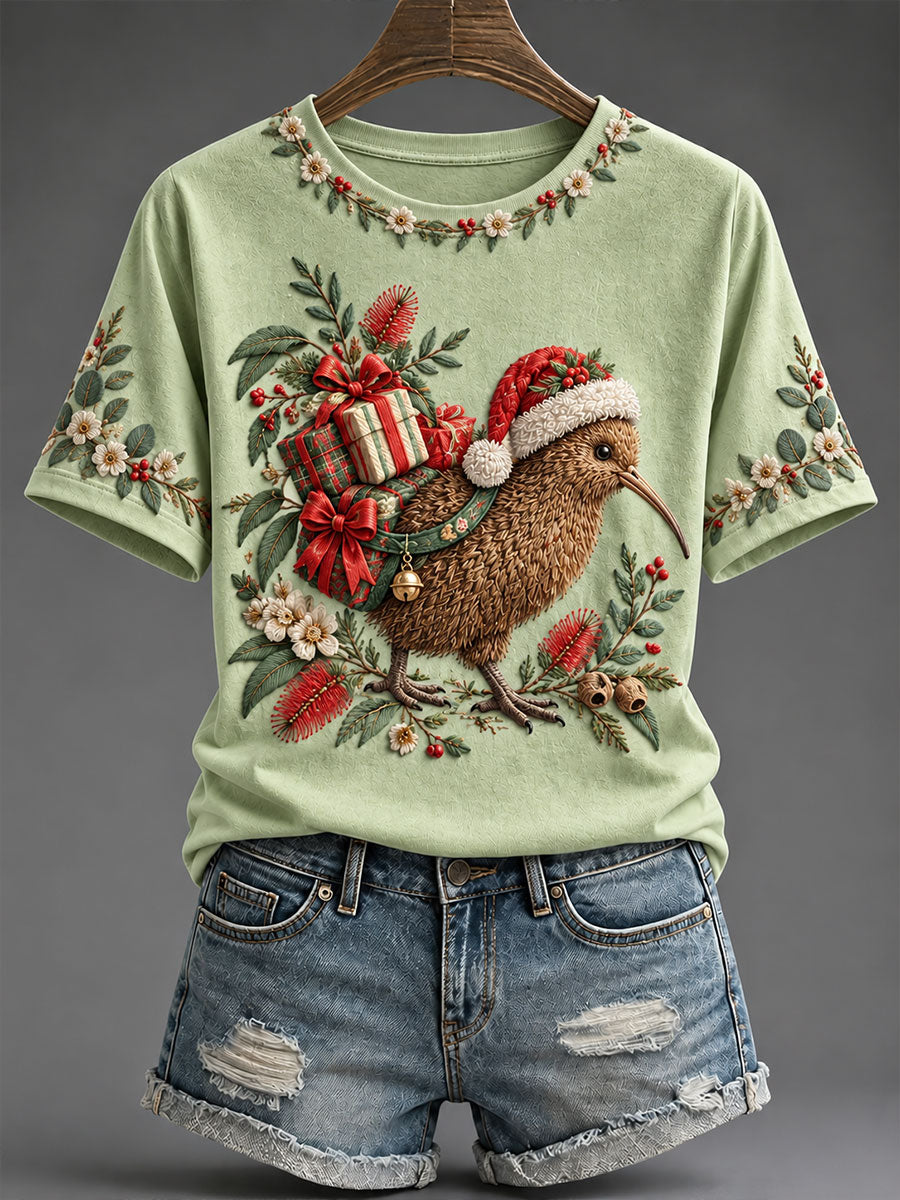 Women's Kiwi Bird Christmas Print Casual T-Shirt