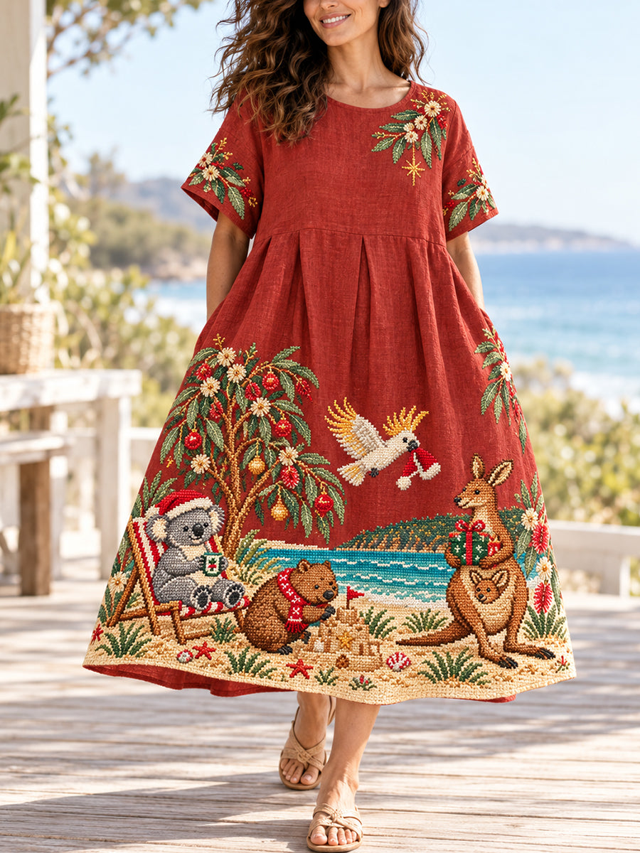 Women's Christmas In Australia Art Printed Linen Dress
