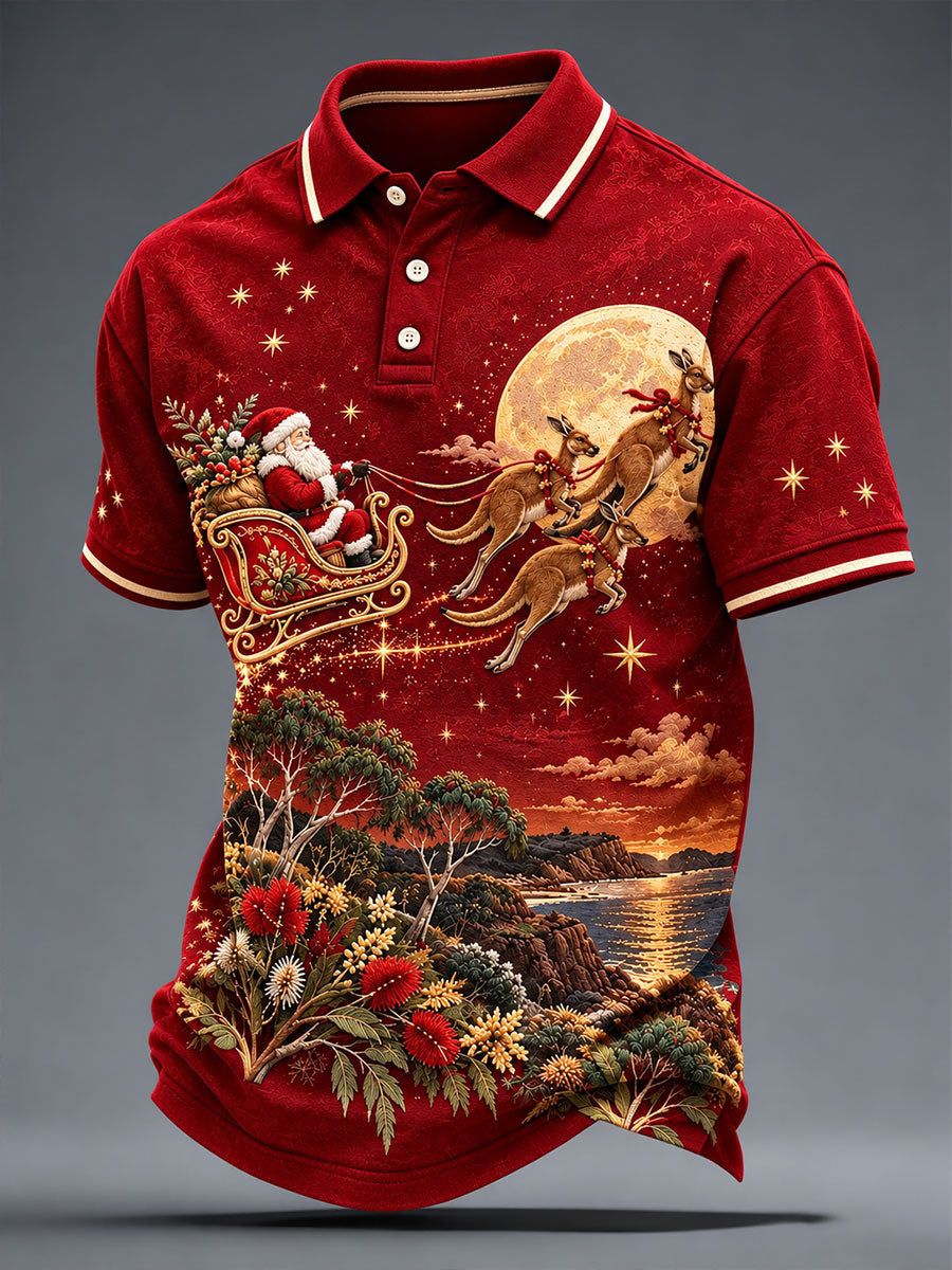 Men's Santa Claus and Kangaroo Print Casual Polo Shirt