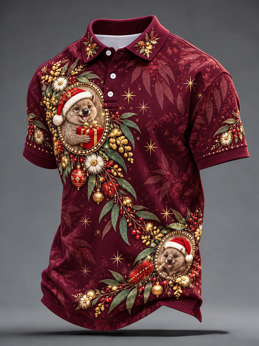 Men’s Australian Christmas Quokka Print Casual Polo Shirt