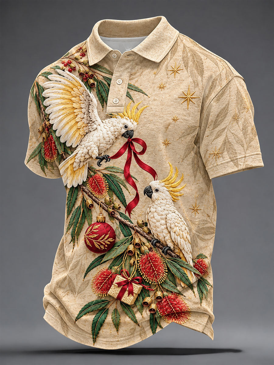 Men's Australian Christmas Cockatoo Print Casual Polo Shirt