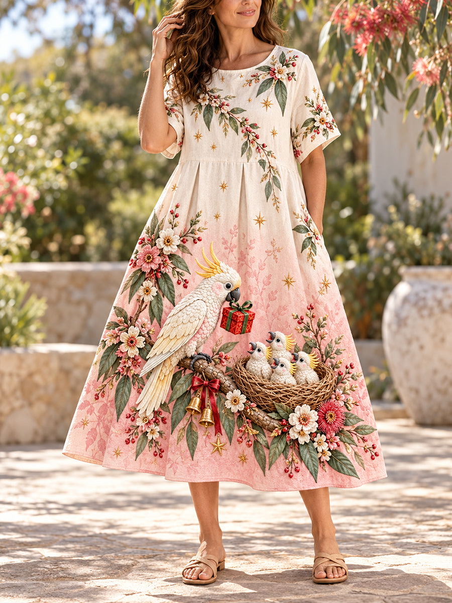 Women's Australian Christmas Art Printed Linen Dress