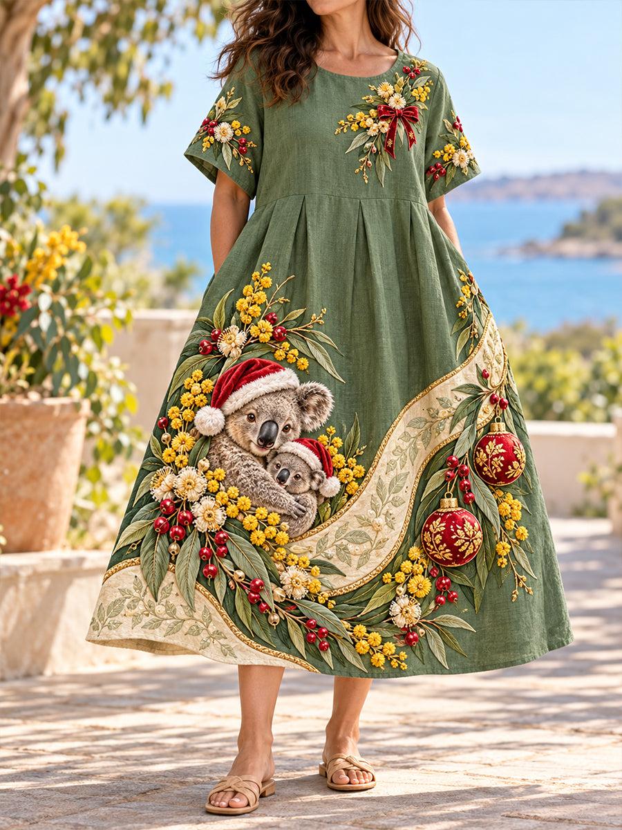 Women's Australian Christmas Art Printed Linen Dress
