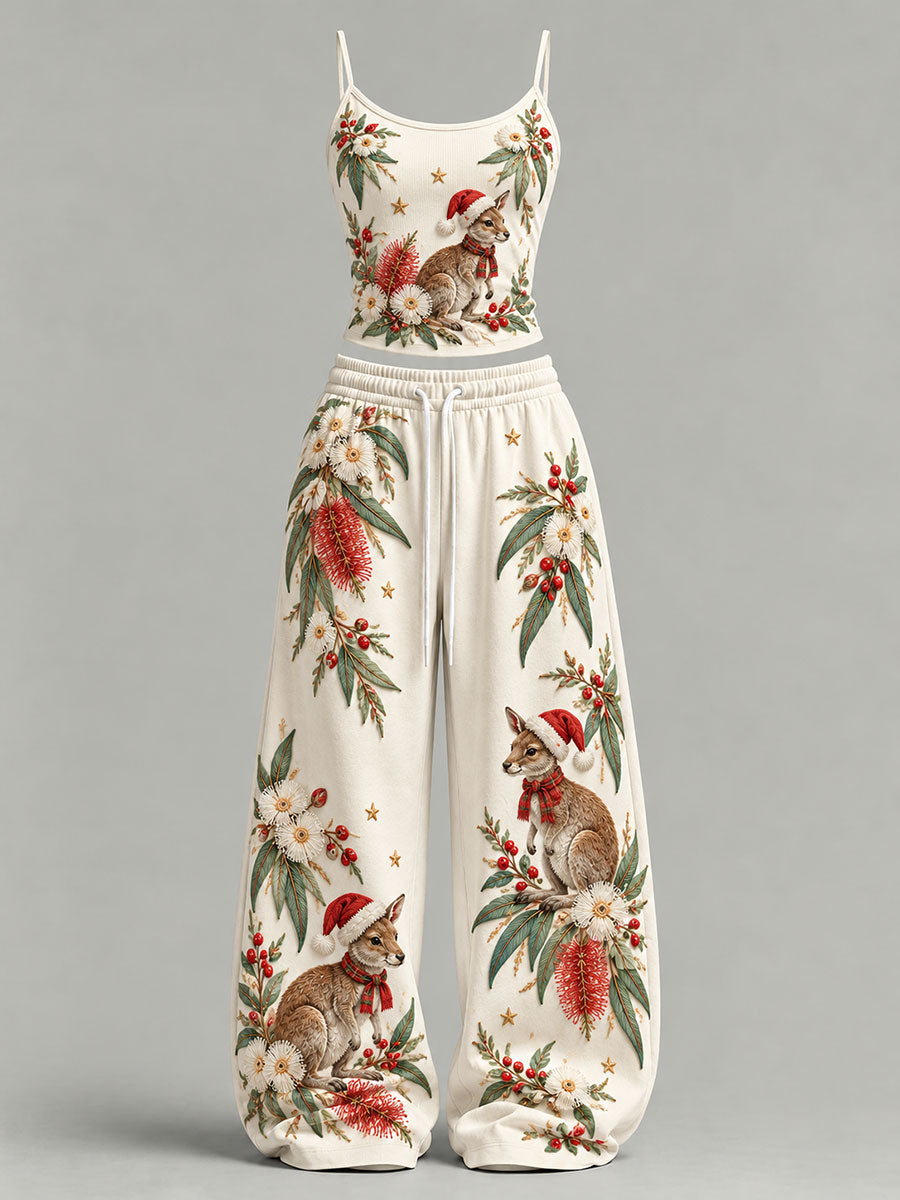 Women's Australian Christmas Kangaroo Print Tank Top And Sweatpants Set