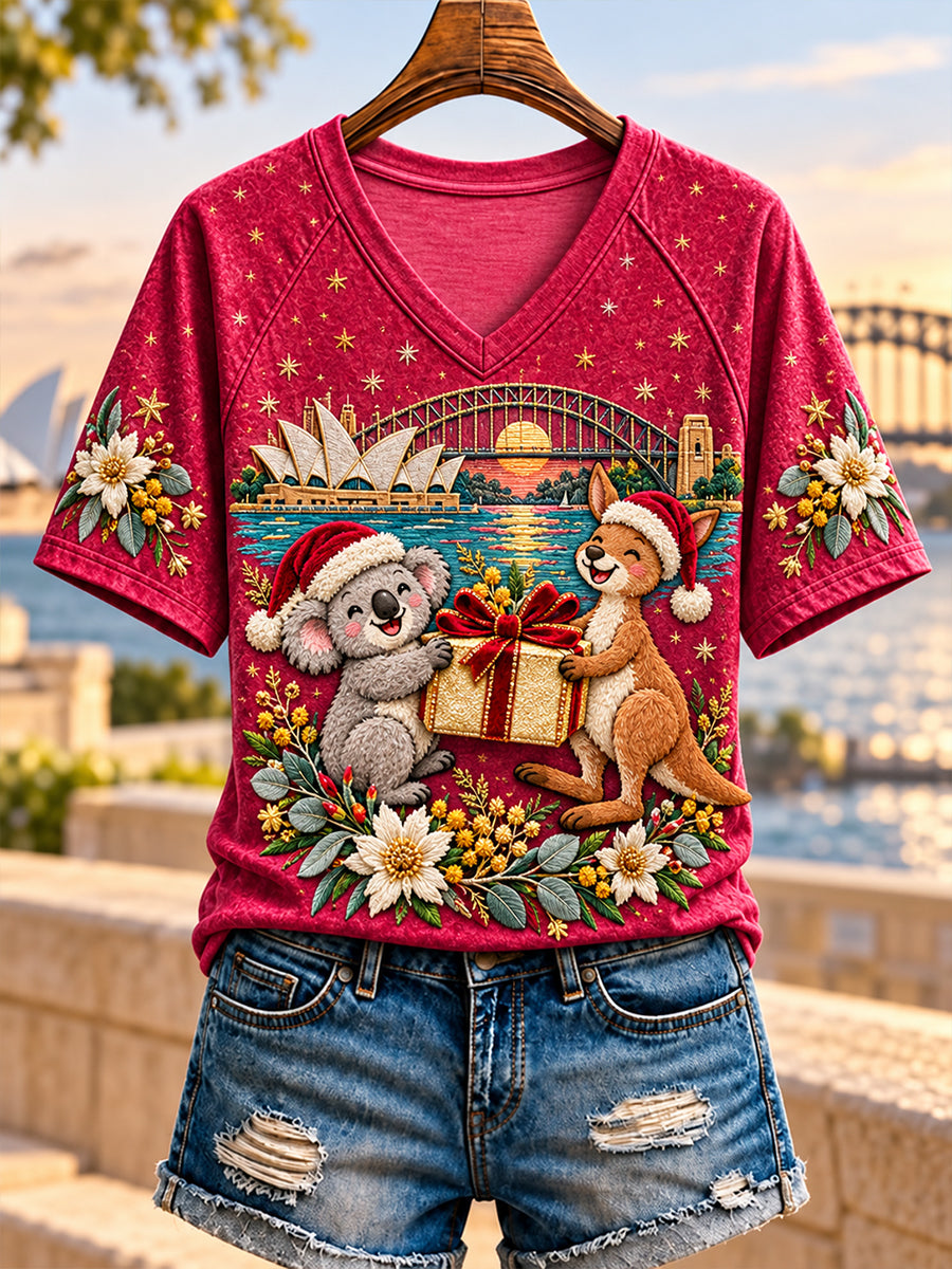 Women's Christmas In Australia V-Neck Short Sleeve T-Shirt