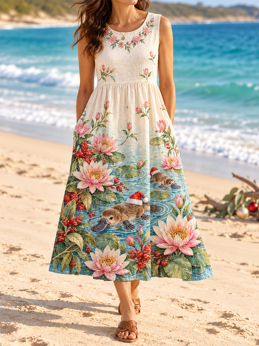 Women's AU Christmas Art Printed Cotton-Linen Vest Dress