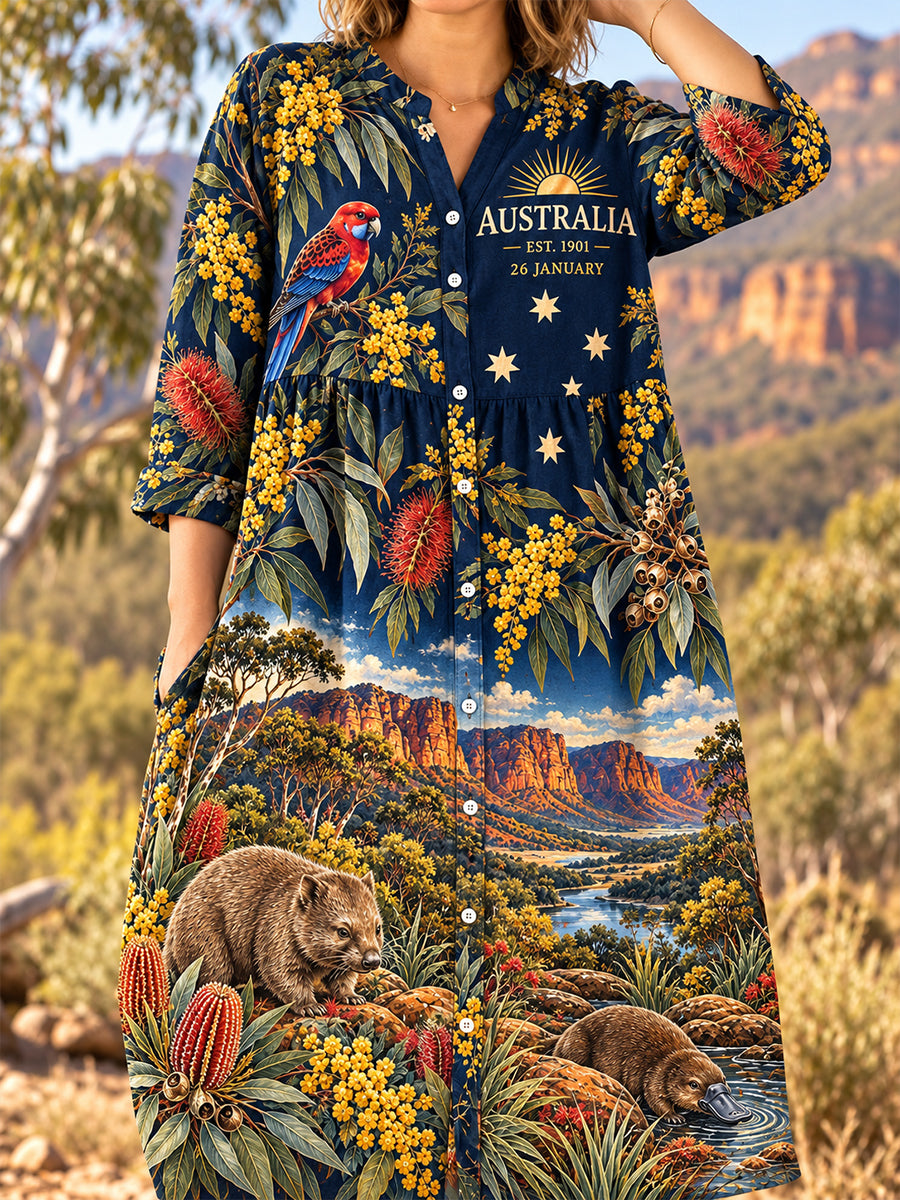 Women's Australia Day Art Print Casual Cotton-Linen Dress