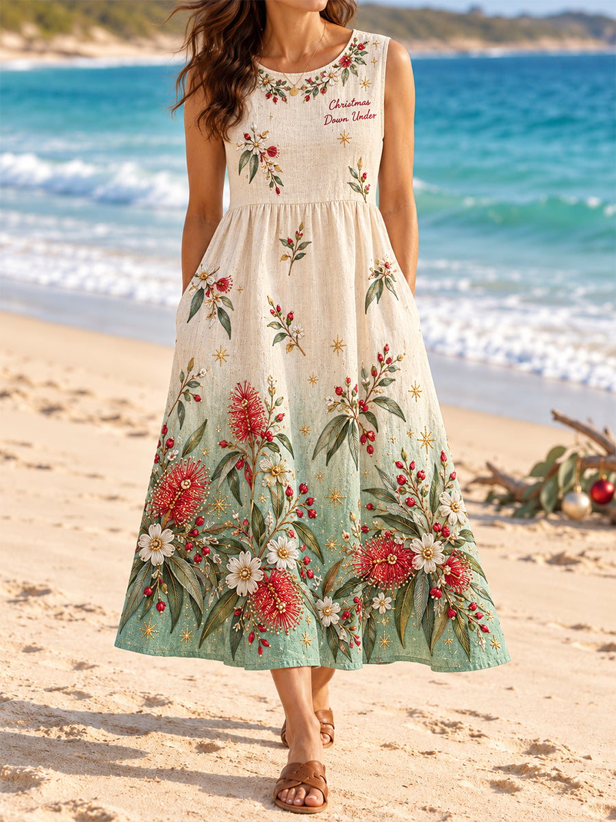 Women's AU Christmas Art Printed Cotton-Linen Vest Dress