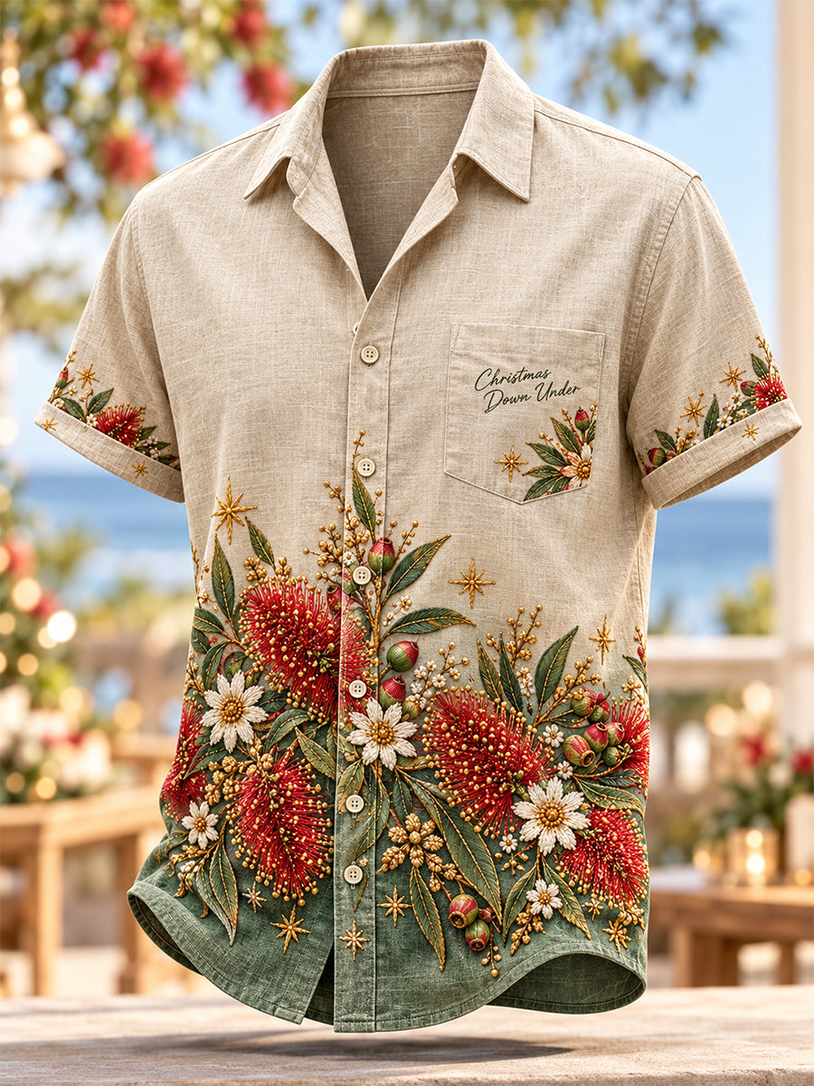 Men's Retro Australian Christmas Cotton-Linen Short-Sleeve Shirt