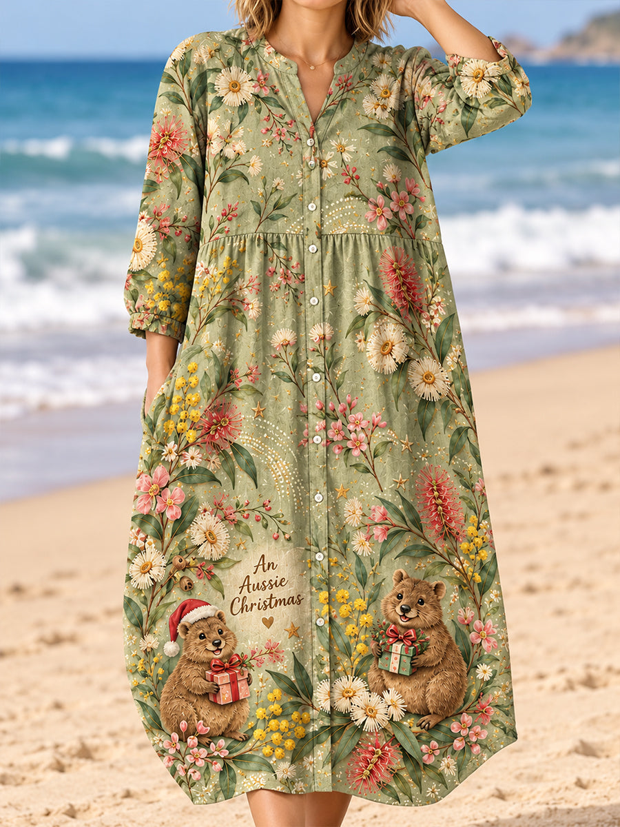 Women's Christmas In Australia Art Print Casual Cotton-Linen Dress