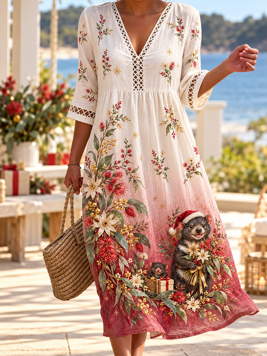 Women's Christmas In Australia V-Neck Openwork Shirt Dress