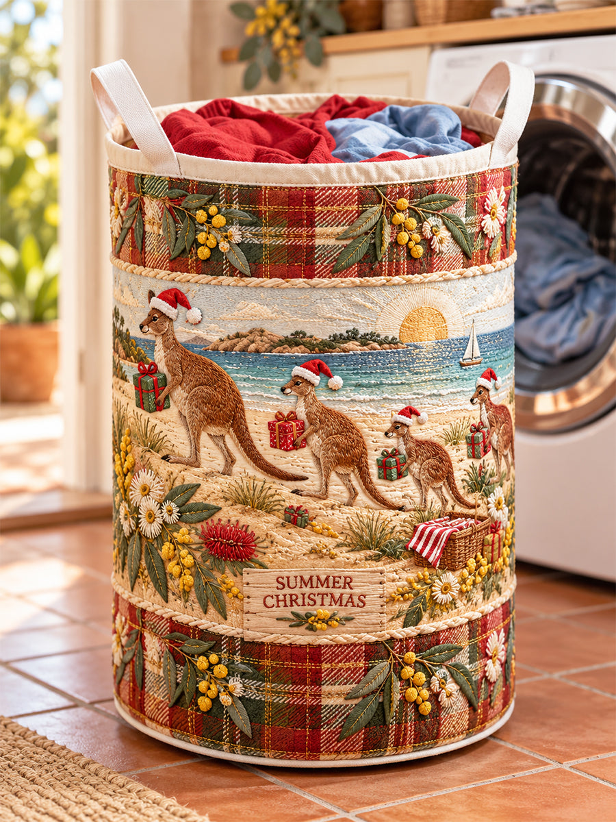 Unisex Retro Australian Christmas Quilted Embroidered Laundry Basket
