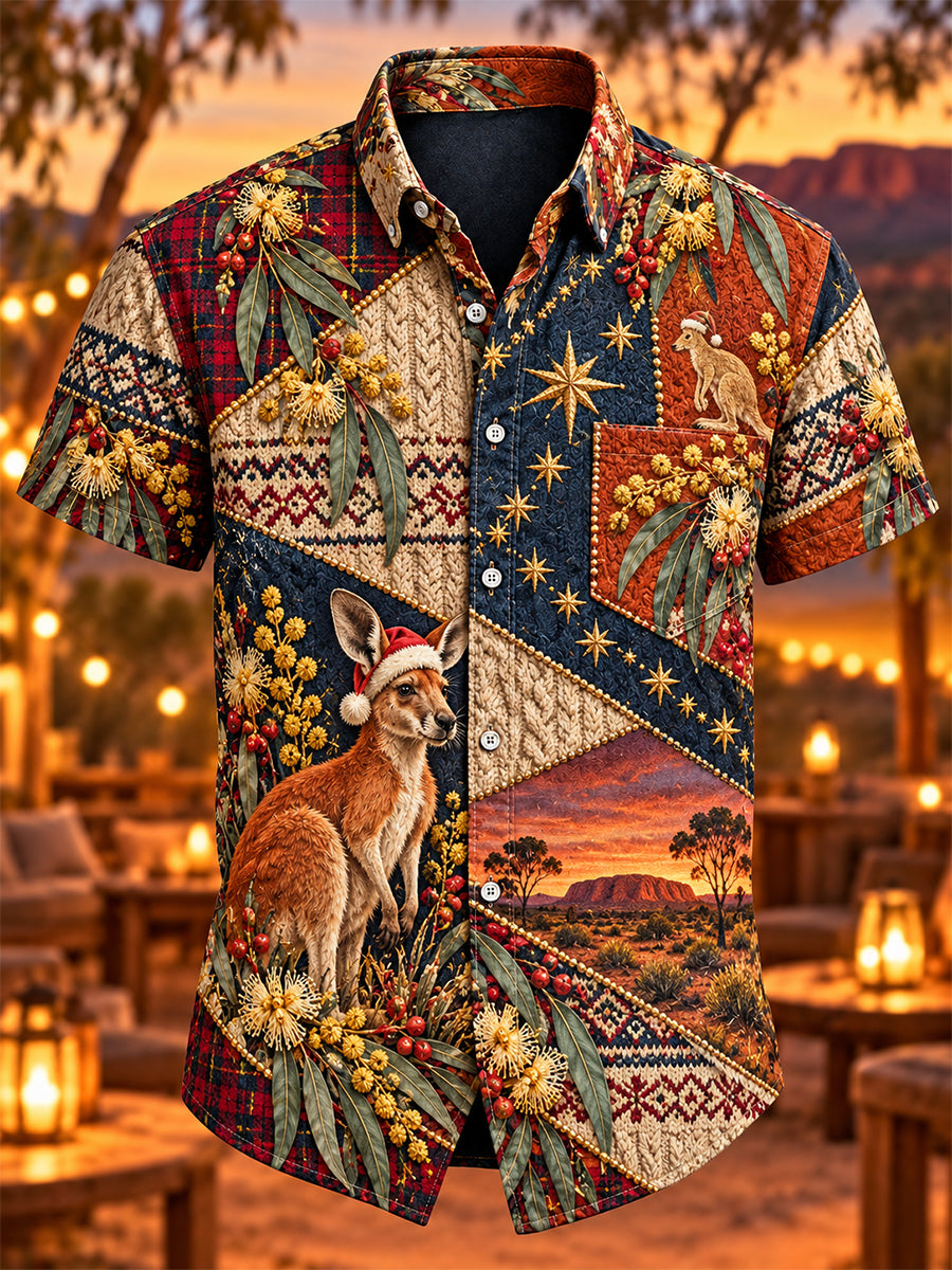 Men's Retro Australian Christmas Cotton-Linen Short-Sleeve Shirt