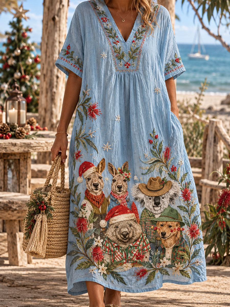 Women's Christmas printed short-sleeved V-neck dress