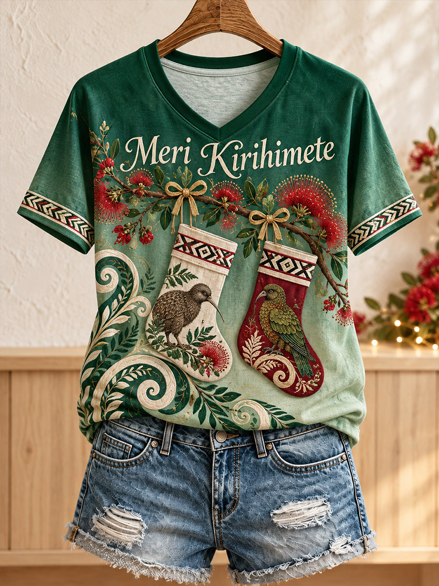 Women's NZ Christmas Maori Art Printed T-shirt