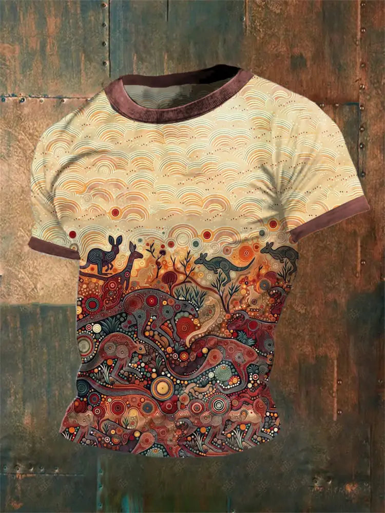Unisex Vintage Australian Aboriginal Inspired Dot Art Abstract Print Casual Cotton Short Sleeve T-Shirt As picture / S