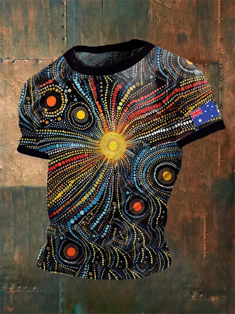Unisex Vintage Australian Aboriginal Inspired Dot Art Colourful Abstract Print Casual Cotton Short Sleeve T-Shirt As