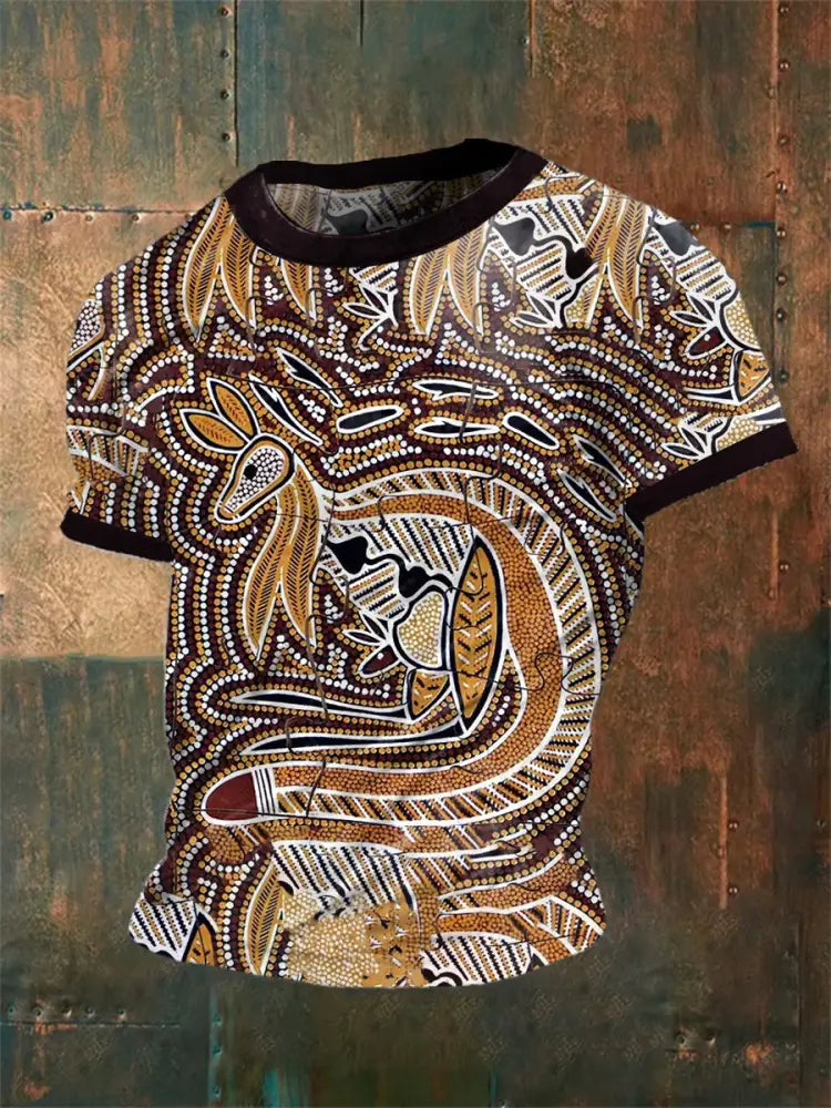 Unisex Vintage Australian Kangaroo Aboriginal Dots Art Painting Abstract Print Casual Cotton Short Sleeve T-Shirt Brown